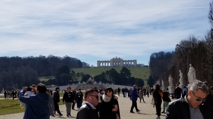 The Gloriette, one of the buildings at Schönbrunn, seen from the base of the hill it rests on.