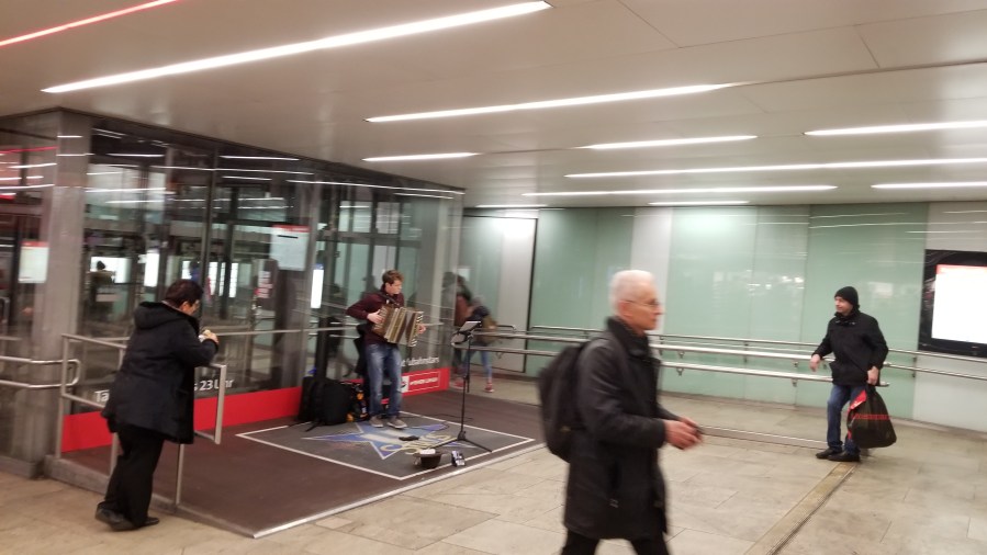 A busker in the Vienna subway. Busking is regulated, with buskers auditioning for 90 minutes spots in the busiest stations.