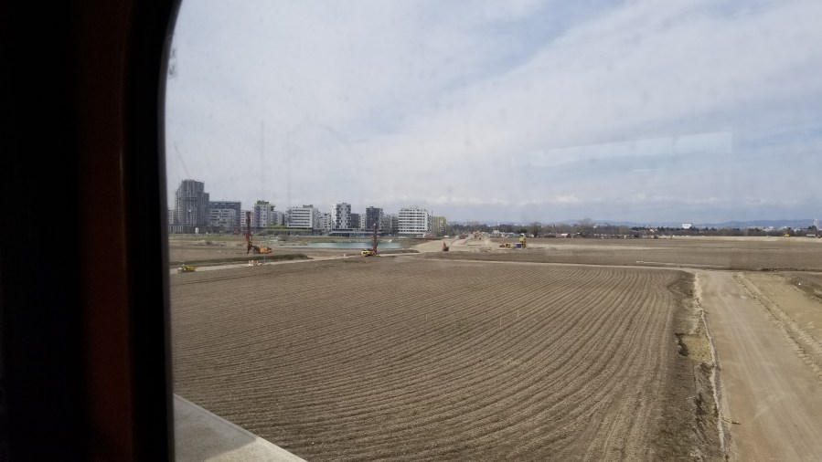 The view from the the subway on the way into Aspern. The subway passes through the unbuilt portions of the city, giving a sense of separation and distance although the district is actually quite close to Vienna proper.