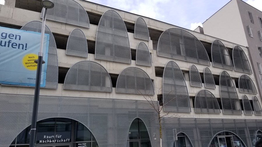 The only above ground parking garage in Aspern. Like nearly every other building in the development, the ground level is shops and offices that add to the street life.