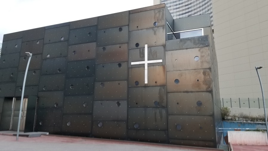 The exterior of the Donau City Church, near the UNO-City.