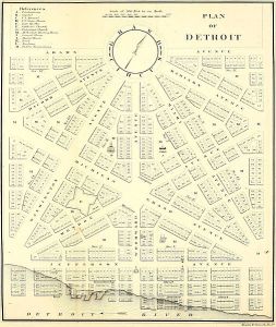 The Woodward Plan for Detroit, the Grand Circus at the top. Credit: By Unknown - Dickens, Asbury & Forney, John W., eds. (1832) "Plan of Detroit" (Map). American State Papers. Vol. 6: Public Lands. 1:6,000. Washington, DC: Gales & Seaton. p. 299. OCLC 2053058. OL7014594M. LCCN 09033892. – via Archive.org. Public Domain, https://commons.wikimedia.org/w/index.php?curid=2370661
