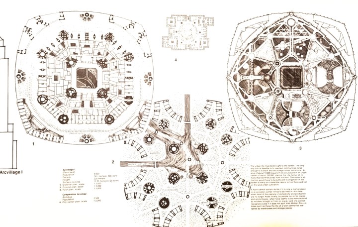 Three sketches of different levels of Arcvillage 1. Author's scan from Arcology: The City in the Image of Man