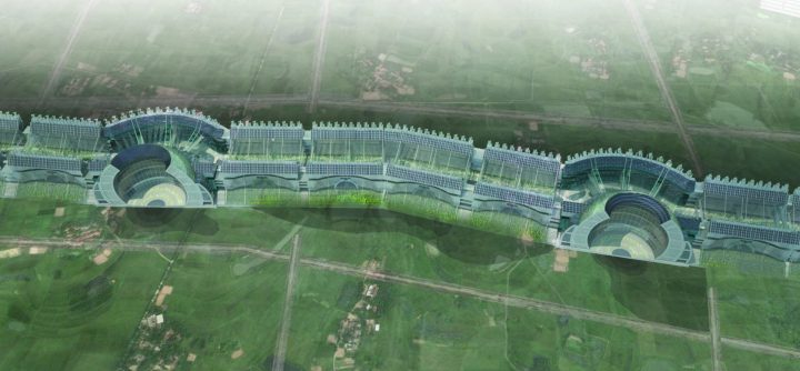 A visualization of the Lean Linear City, with its skinny glass buildings, greenhouses, and agricultural or undeveloped outskirts. Credit: Cosanti Foundation
