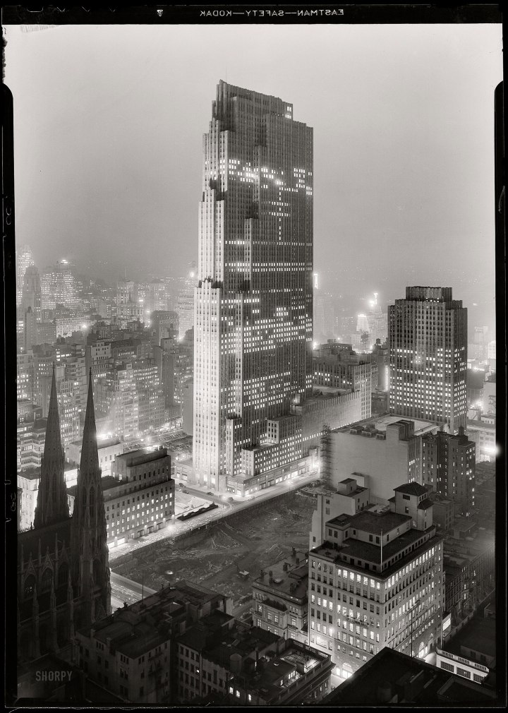The Rockefeller Center in 1933. Wright saw this skyscraper as “the entrails of final enormity.” Ironically, it was here that he first exhibited the Broadacre City model. Credit: Shorpy.com