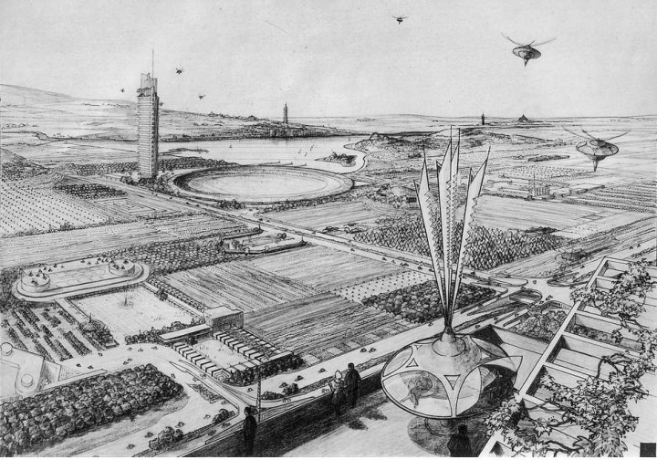 A 1958 sketch of a piece of Broadacre city, featuring Wright’s predicted “aerator” air travel devices. Credit: kjell on Flickr
