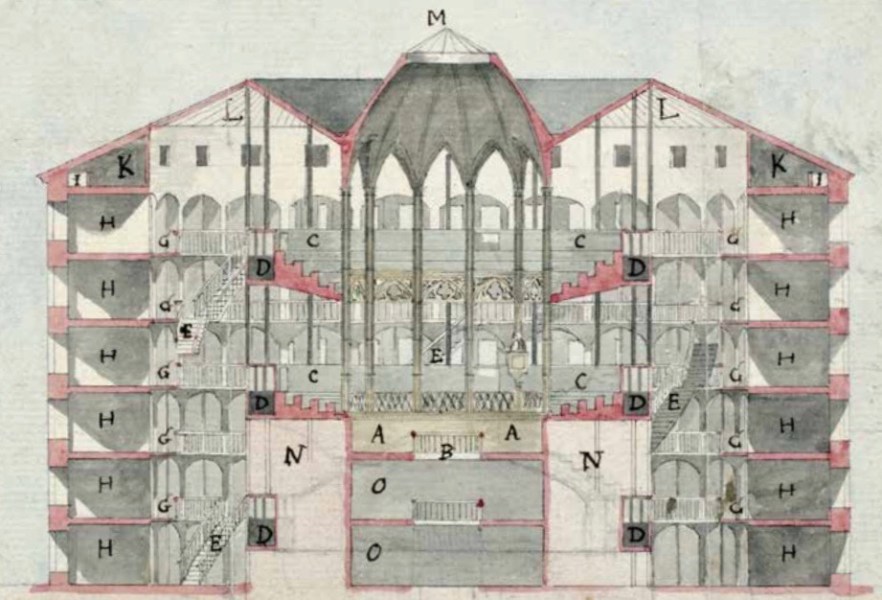 A section plan of an "inspection house," a circular building with 6 floors of cells along the outer edge and a central tower lit by a skylight.