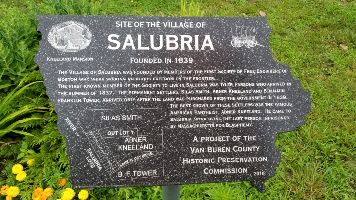 This plaque, from the Forgotten Villages of Van Buren County series, describes the hamlet of Salubria. All that remains is the plaque and a small cemetery.