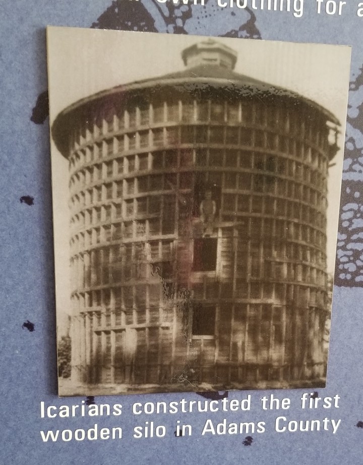 An image of an Icarian wooden silo captioned "Icarians constructed the first wooden silo in Adams County."