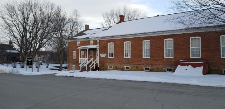 The Middle Amana Church, a simple, long brick structure.