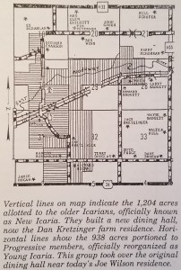 A map of the Icarian lands post-division. Vertical lines indicate New Icarian land and horizontal lines indicate Young Icarian land.
