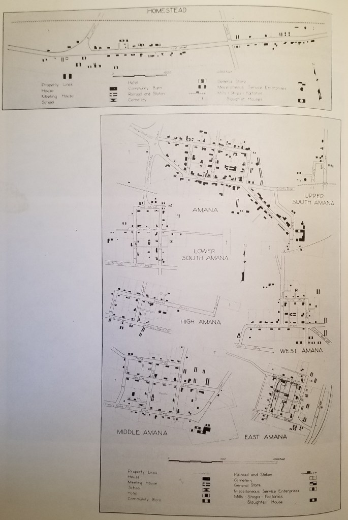 8 city plans covering the 7 Amana Colonies. The are labeled Homstead, Amana, Upper South Amana, Lower South Amana, High Amana, West Amana, Middle Amana, and East Amana