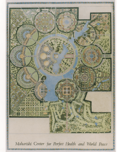 A colored master plan showing 10 circles surrounding one central ring. A caption at the bottom reads "Maharishi Center for Health and World Peace."
